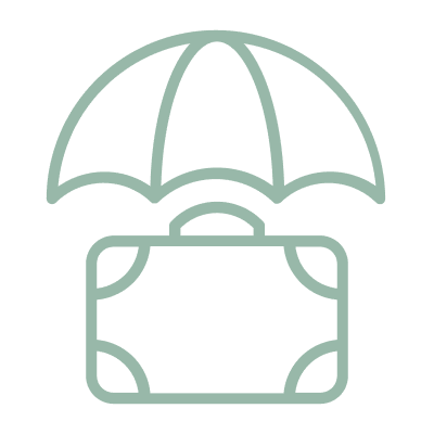 Umbrella over suitcase icon on black background.