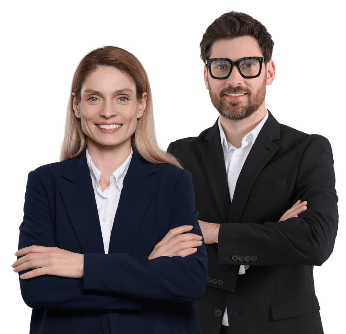 Group 1321314998 Smiling professionals in business attire, black background.