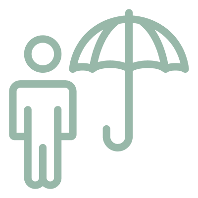 Person icon with umbrella, black background.